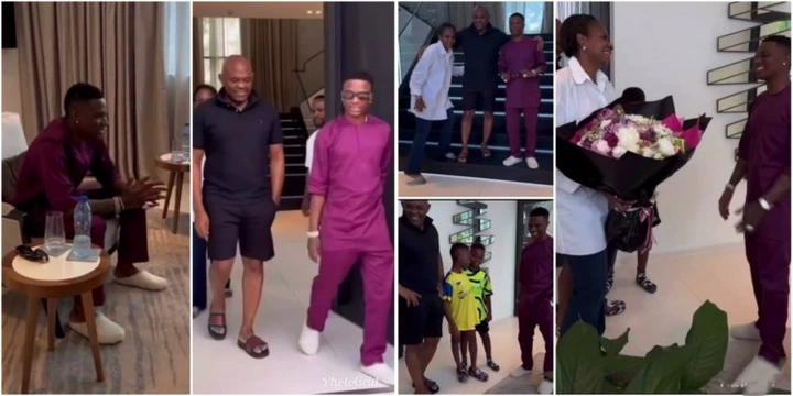 Wizkid visits Tony Elumelu's mansion, gifts his wife bouquet of flowers,