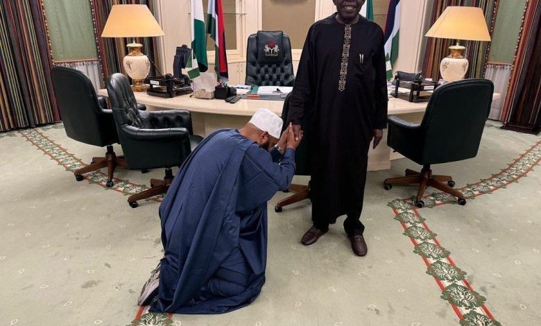 He Has Gone To Beg Him- Reactions As APC Gov Who Agreed With Peter Obi Kneels For Tinubu